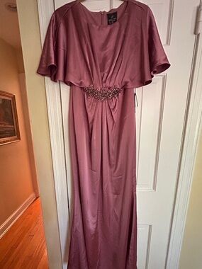 Adrianne Patell Elegant Mauve Evening Gown with Beaded Waist.
